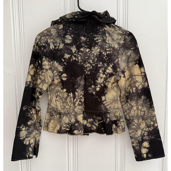 Design Todays Small Jacket Black Tan Tie Dye Wire Ruffle Collar Art Big Button - Picture 2 of 11